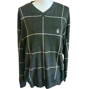 Nautica men’s long sleeve v neck sweater. Worn once gray with white stripes. L